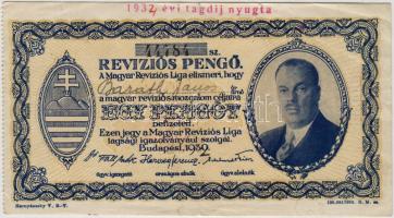 1934. Revíziós pengő többször kijavított évszámmal elöl és hátul piros "tagdíjnyugta" bélyegzővel, baloldalon perforálva T:II/III