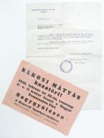 1945-1946 "Rákosi Mátyás hazatért!" szórólap, és egy okirat Rákosi Mátyás miniszterelnökhelyettesi hivatalából a titkár, Kerékgyártó Elemér aláírásával