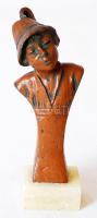 cca 1920 Fütyörésző fiú szecessziós festett spiáter büsztje alabástrom talapzaton / Art nouveau bust of a whistling boy from painted zamak on alabaster stand, 10cm