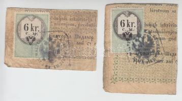1848. 6Kr. C.M. pecsételt okmánybélyeg 1Ft + 2Ft Kossuth bankó kivágáson T:III