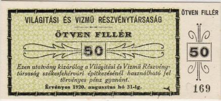 1920. Világítási és Vízmű RT. 50f, jobb alsó sarokban látványos lemezhiba T:I