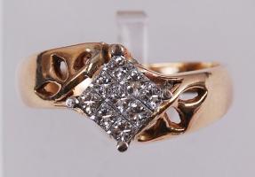 Női 14 K. arany (Au.) szoliter gyűrű, princes csiszolt brill kövekkel (9 db), jelzett, méret:57 / bruttó: 4,88 gr/ Golden (14ct) ring with diamond stones