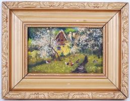 Olvashatatlan jelzéssel: Tyúkok az udvaron. Olaj, karton, keretben 17×22 cm