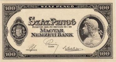 1926. 100P Csak előoldali nyomat sorozat és sorszám nélkül! T:I- Egyszer hajtva, de nem törve! RRR!!!