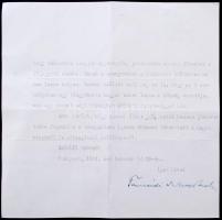 1944 Tasnádi Nagy andrás a képviselőház elnökének saját kézzel aláírt levele, melyben közben jár a d...