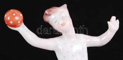 Zsolnay kislány a labdával, kézzel festett, jelzett, hibátlan, m:13 cm / Zsolnay porcelain figure, f...