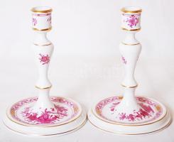 Herendi Indiai kosár mintás gyertyatartó pár (2db), kézzel festett, jelzett, hibátlan, m:17 cm (2×) /Pair of candlesticks, handpainted Herend