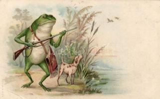 Hunting frog with dog, litho (EB)
