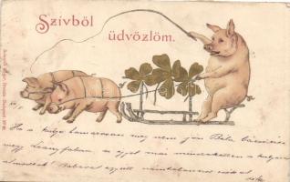 1898 Sledge with pigs, clovers, litho (EK)