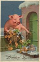 New Year, pig with money, horseshoe, and clover, litho (small tear)