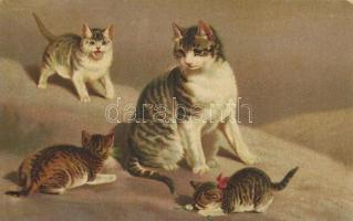 Cats: mother with her kids, litho