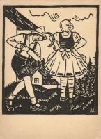 Volkslied, linocut, Austrian folklore, s: Nelly Hunacek (EB)