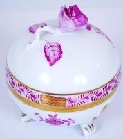 Herendi Apponyi mintás rózsás bonbonier, kézzel festett, jelzett, rózsán nagyon apró lepattanás, d:8 cm, m:8 cm /Handpainted Herend porcelain candy dish