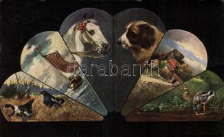 Animals with castle and sailing boat in fan shape