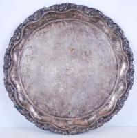 1937-1965 Növényi motívumokkal díszített ezüst (Ag) tálca 800-as tisztaságú magyarországi "dianás" jelzéssel és L.L. mesterjeggyel ellátva /  Silver tray with floral decoration on the edge, 800 fineness Hungarian "Dianakopf" hallmark, d: 33,5cm, 640gr