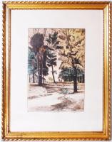 Komjáti-Wanyerka Gyula (1894-1958): Erdei út. Színezett rézkarc, jelzett ("Komjáti Gyula"), üvegezett keretben, 66x55cm. Országh Tivadar (1901-1963) erdélyi magyar zeneszerzőnek dedikált