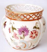 Kézzel festett Zsolnay áttört kis kaspó, jelzett, hibátlan / Hand painted Zsolnay vase m:10 cm, d:9 cm