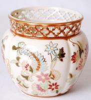 Kézzel festett Zsolnay áttört kis kaspó, jelzett, hibátlan / Hand painted Zsolnay vase m:10 cm, d:9 ...