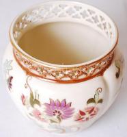 Kézzel festett Zsolnay áttört kis kaspó, jelzett, hibátlan / Hand painted Zsolnay vase m:10 cm, d:9 ...