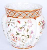 Kézzel festett Zsolnay áttört nagy kaspó, jelzett, hibátlan / Hand painted Zsolnay vase m:17 cm, d:15 cm