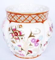 Kézzel festett Zsolnay áttört nagy kaspó, jelzett, hibátlan / Hand painted Zsolnay vase m:17 cm, d:1...