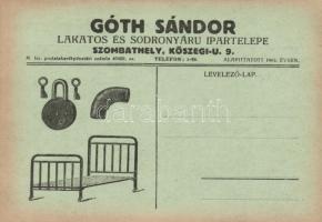 Góth Sándor szombathelyi lakatos és sodronyáru ipartelepének reklámja / the advertisement of the metal worker ware shop of Sándro Góth, Szombathely (small tear)