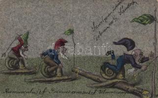 Dwarfs are riding on snails