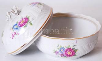 Apró virágokkal díszített rózsás jelzett Hollóházi porcelán bonbonier hibátlan állapotban m:14 cm, d...