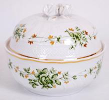 Zöld virágokkal díszített rózsás jelzett Hollóházi porcelán bonbonier hibátlan állapotban m:14 cm, d:16 cm / Chinaware bonbonier in flawless condition