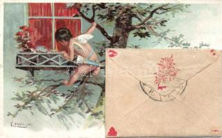Cupido, litho, an envelope with letter glued to the postcard, s: F. Döcker (b)