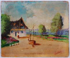 Olvashatatlan jelzéssel: Udvaron. Olaj, karton, 21×26 cm