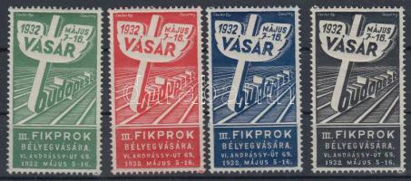 1932 Budapesti Vásár III. FIKPROK bélyegvására, levélzáró sor (4 klf színben)