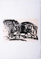 Seres János (1920-2004): Tanya. Ofszet, papír, jelzett, 16×25 cm