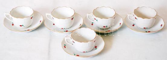 Herendi 5 db csipkebogyó mintás mokkás csésze és csészealj, kézzel festett, jelzett, hibátlan, m:5 cm, d: 11 cm/ Herend 5 p of coffee cup and saucer