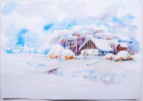 Patyi Árpád: Téli táj. Akvarell, merített papír, jelzett, 31×43 cm