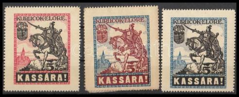 1921 3 klf színű "Kurucok előre Kassára!" levélzáró