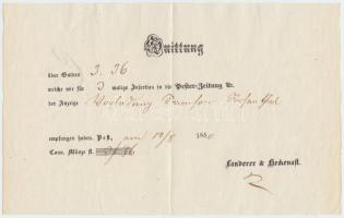 1850 A Pester Zeitung c. lapba feladott hirdetmény díjának nyugtája. Landerer és Heckenast nyomda