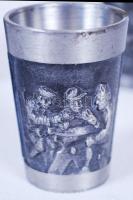 4db, mulatság jeleneteivel díszített, jelzett ónkupica / 
Tin shots with scenes of a revelry