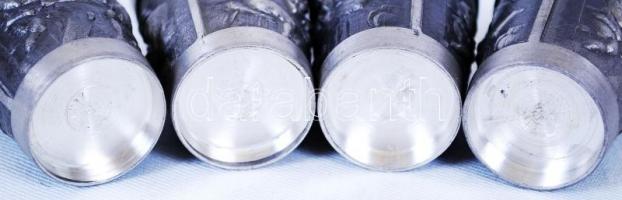 4db, mulatság jeleneteivel díszített, jelzett ónkupica / 
Tin shots with scenes of a revelry