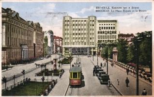 Belgrade, Beograd; Royale square and the Stock Exchange, tram, automobiles (Rb)
