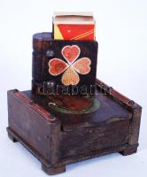 cca 1940 Szivarka tartó faládika Magyar Dohányjövedék felirattal és modern fa gyufásdoboz-tartó / Wooden box for cigarillo and matchbox holder 9x9x4,5cm, 6x5x2cm