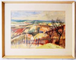 Cságoly Erzsébet (1929-1992): Somlói táj. Akvarell, papír-karton, jelzett, üvegezett keretben, 51×64 cm