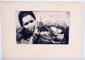 Olvashatatlan jelzéssel: Vietnami anya sebesült fiával. Rézkarc, papír, 34,5x48,5cm