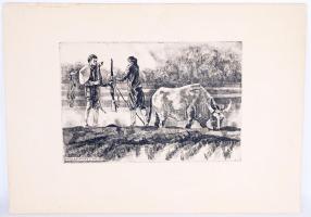 Feledy Gyula (1928-2010): Műszakváltás a TSz.-ben. Rézkarc, papír, 34,5x48,5cm