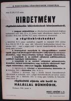 1946 Hirdetmény a rögtönbíráskodás kiterjesztéséről 30x40 cm