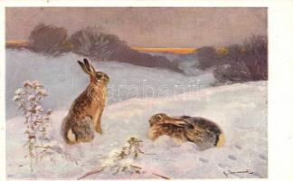 Rabbits in winter, artist signed