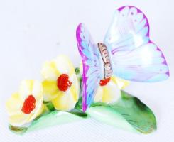 Herendi lepke a virágon, kézzel festett, jelzett, hibátlan, eredeti tokjában, 6×6×3 cm/ Herend porcelain butterfly