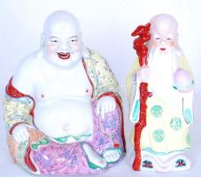 Shou Lao (a hosszú élet istene) és Nevető Buddha, kézzel festett, Buddha jelzett, hibátlanok, m:20 cm (2×)/ Porcelain Buddha and Shou Lao god