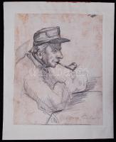 Katona Nándor (1864-1932): Pipázó katona. Ceruza, papír, jelzett, kartonra kasírozva, 30x24cm