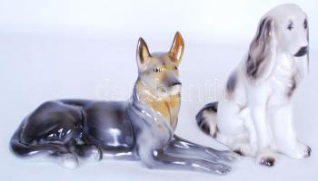 Hollóházi kutyák, kézzel festettek, jelzettek, hibátlanok, 11-14 cm, összesen: 2 db / Hollohaza porcelain dogs